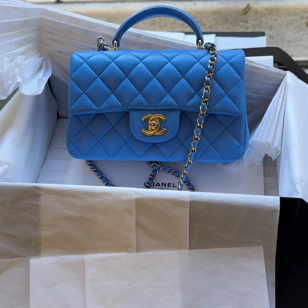 Chanel Lambskin Quilted Mini Top Handle Rectangular Flap blue